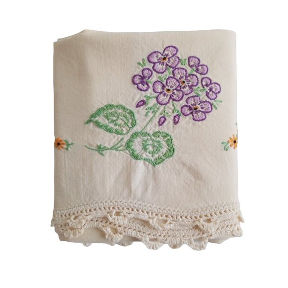 Floral Embroidered and Crocheted Scalloped Edge Pillowcase - Picture 1 of 11